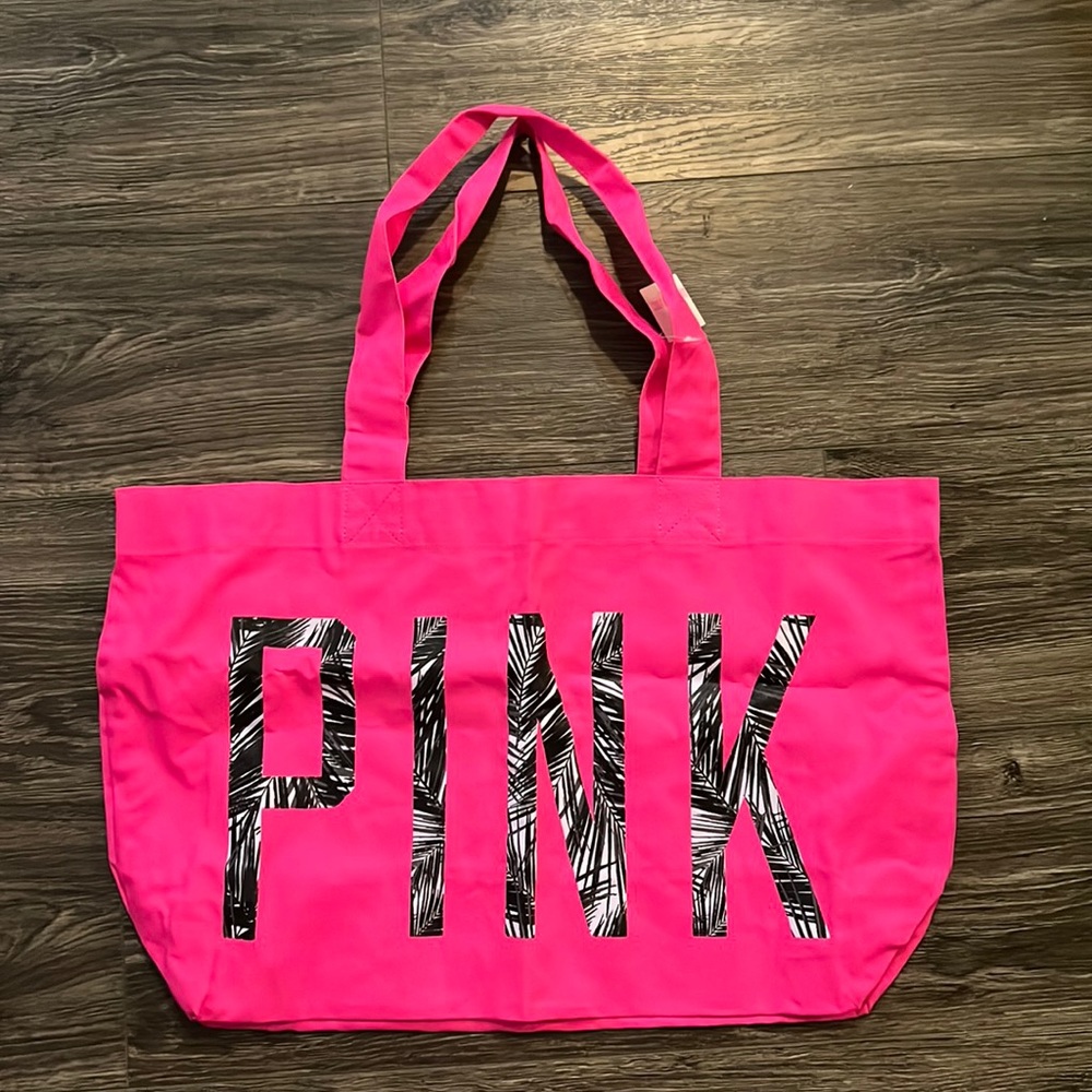 💕 BNWT, VS PINK, Neon Pink With Black Tropical Pattern, Canvas Tote 💕
